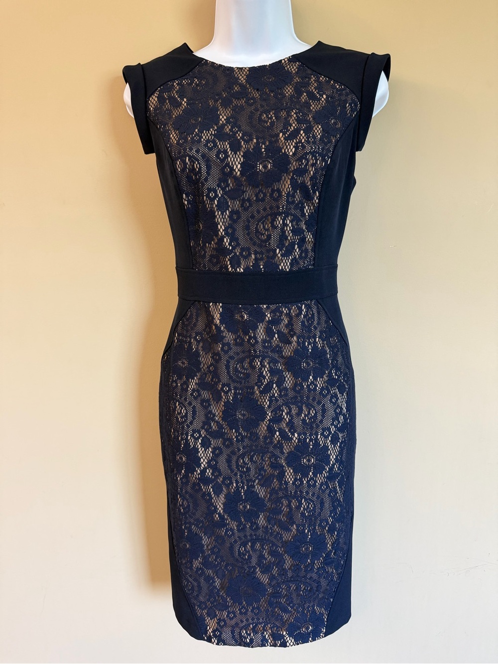 Adriana Papell Lace Blocked Sheath Dress, Navy Blue, Size 8